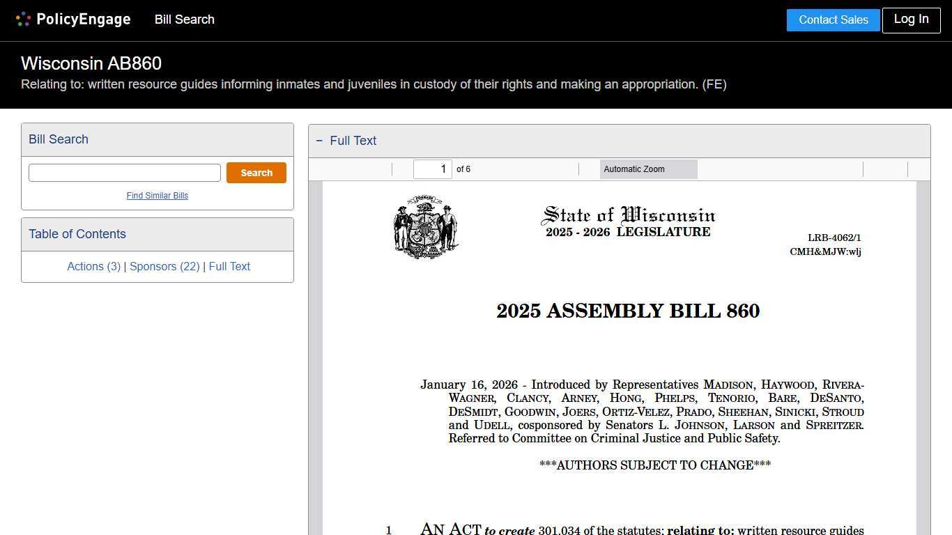AB860 Wisconsin 2025-2026 Relating to: written resource guides informing inmates and juveniles in custody of their rights and making an appropriation. (FE) - Legislative Tracking PolicyEngage