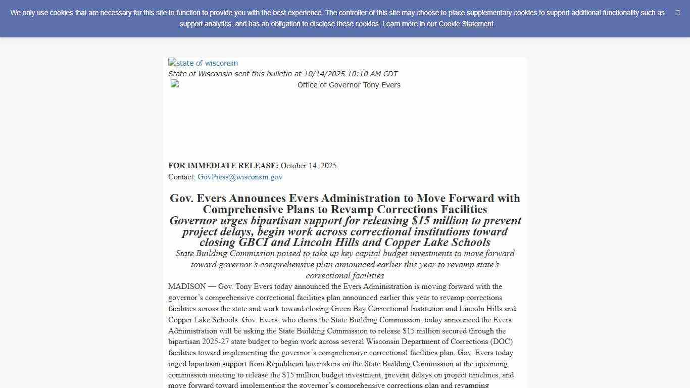 Press Release: Gov. Evers Announces Evers Administration to Move Forward with Comprehensive Plans to Revamp Corrections Facilities